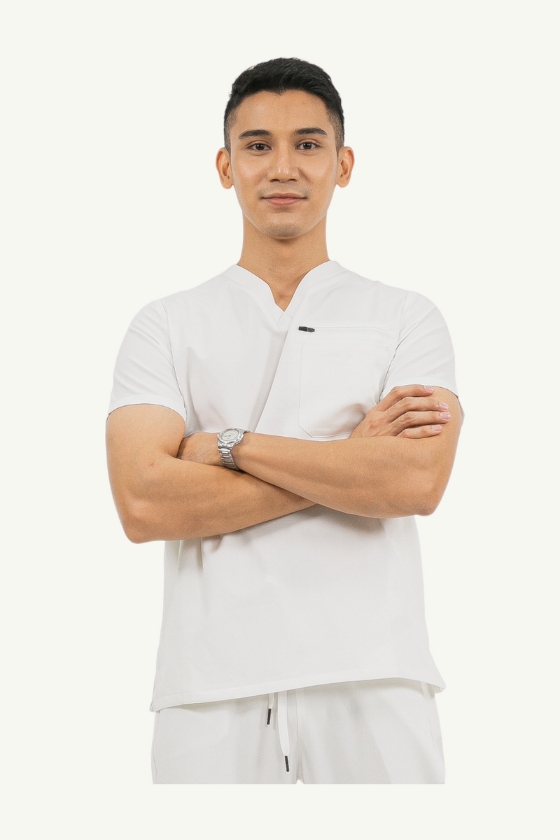 Caniboo: CARTER 4-pocket mens scrub top in pearl white