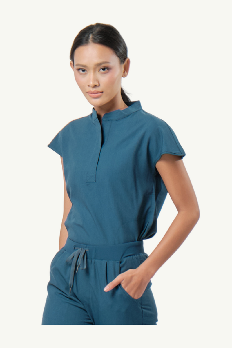 Caniboo: AVA 2-pocket womens scrub top in aegean blue